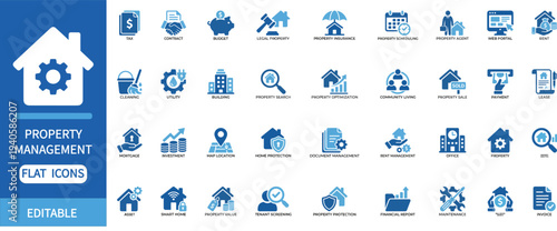 Property Management Flat Icons Set Editable Real Estate Services Vector Collection with Rent, Mortgage, Investment, Tenant Screening, Maintenance and Legal Property Elements for Web and Apps

