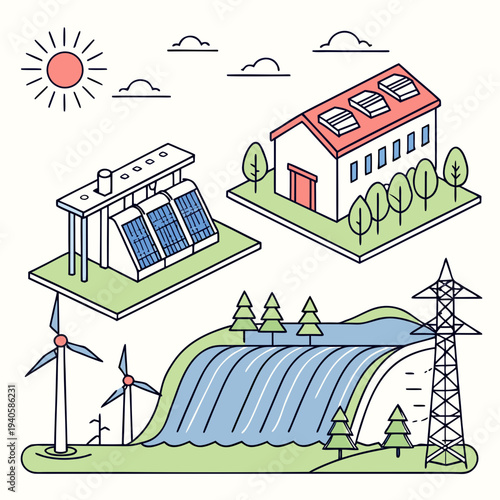 Isometric Renewable Energy Sources and Green Technology Concept Illustration
