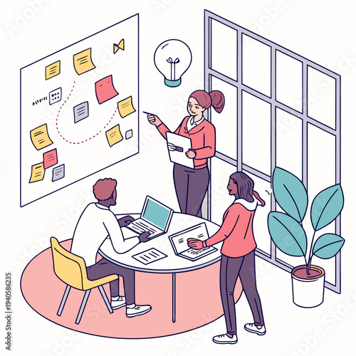 Diverse Business Team Planning with Sticky Notes on Whiteboard in Isometric Office