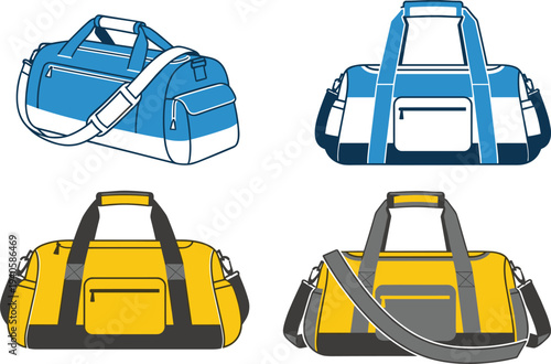 Modern duffel bag vector illustration showcasing stylish travel accessories with multiple color variations, functional compartments, and versatile strap designs