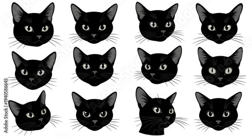 Nine black cat faces isolated on transparent background looking straight ahead with glowing eyes