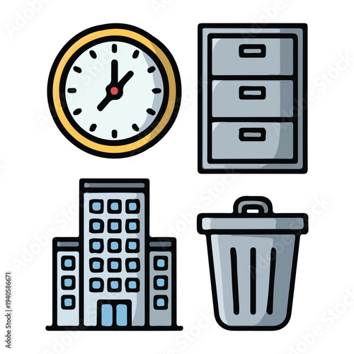 Office Infrastructure and Time Management Icon Set Flat line icons featuring a skyscraper, wall clock, file cabinet, and trash bin representing professional workplace organization and facilities