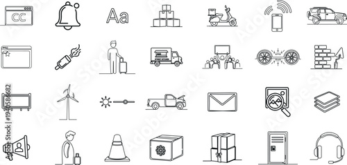 A collection of 25 small black and white line drawings of various objects