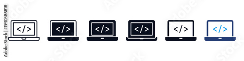 Laptop coding icon set. coding brackets on screen showing software development, programming and web coding interface in outline, glyph and colored styles.