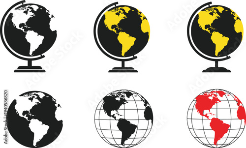 Vector globe and world map illustration featuring six designs with Americas highlighted, grid projections, diverse color schemes, and educational use