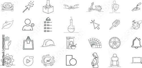 Collection of 25 simple line drawings of various objects and landmarks