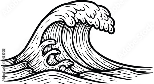 Ocean Wave Hand Drawn Engraving Style Illustration