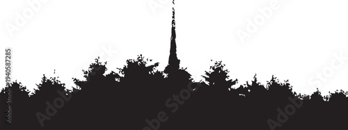 A black silhouette of a tall tower or monument amidst trees against a white background