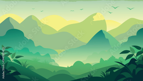 Flat Design Vector Illustration of Mountain Landscape with Green Valleys and Birds