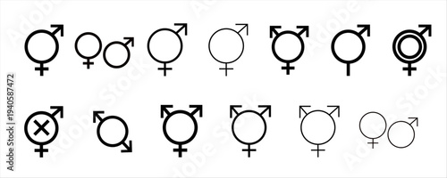 Modern male and female gender symbol vector icon set featuring relationship signs and combined gender symbols. Minimal flat outline pictograms for identity, sexuality and equality concepts isolated on