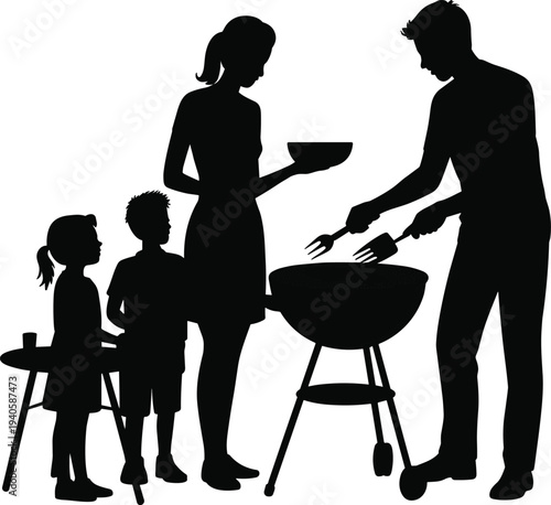 Family barbecue party silhouette, parents grilling food with children outdoor, summer picnic cooking scene, happy family gathering illustration