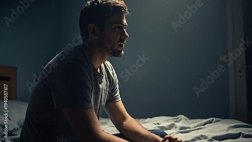 Man sitting on bed in a dark room with a contemplative expression.