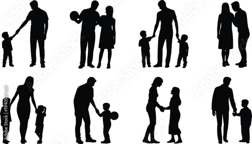 Family silhouette set with parents and children holding hands, parenting love and family relationship illustration isolated on white