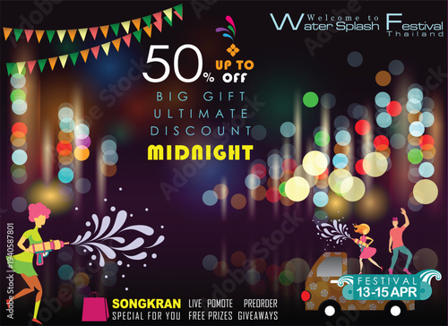 Songkran sale promotion banner for Songkran Festival Abstract background. Thai New Year Holiday. The Water Splash Festival. Vector and Illustration, EPS 10.