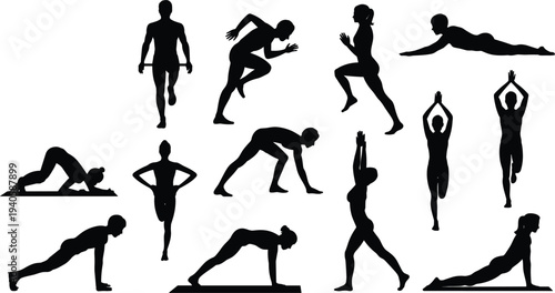 Fitness exercise silhouette set with running, yoga, stretching and workout poses isolated on white background sport training illustration