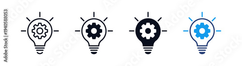 Light bulb gear icon set representing innovation, problem solving, engineering ideas, creative logic, smart setup and creative technology solutions.