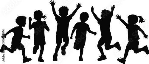 Happy children jumping silhouette set, playful kids running and dancing isolated on white background, childhood fun activity illustration
