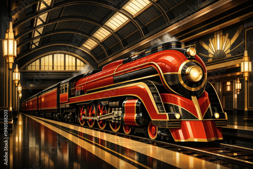 Digital illustration in Art Deco style of a glamorous 1920s steam locomotive in red, gold, and black. Stopped in a train station hall.