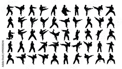 Collection of black silhouettes of people performing various karate moves