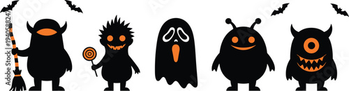Playful Halloween cartoon illustration featuring lineup of spooky characters with bats, horned creature, ghost, alien figure, and one-eyed monster, festive artwork for seasonal decorations