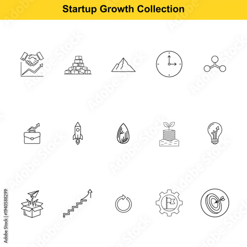 A selection of minimalist line icons conveys the essence of startup growth, investment, innovation, and achieving milestones through strategic development phases.