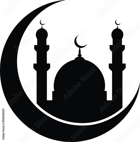 Islamic mosque with crescent moon silhouette, Ramadan Kareem and Eid Mubarak symbol, Muslim religion architecture illustration