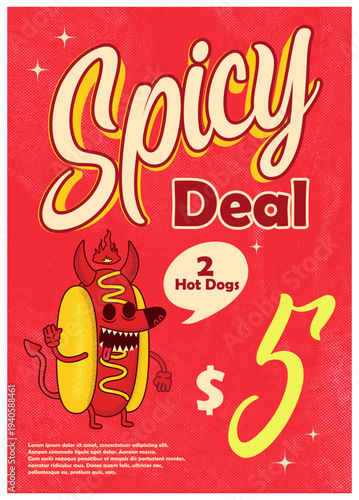 Bright retro style poster advertising spicy hot dog deal with playful devil character and bold typography. Promotional food illustration suitable for street food menus, fast food advertising, snack b.