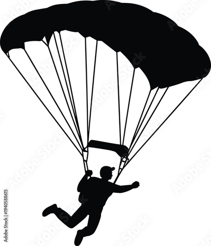 Parachuting skydiver silhouette, man flying with parachute in sky extreme adventure sport isolated on white background illustration