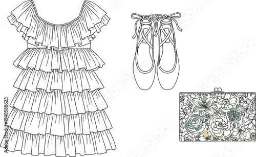 Elegant fashion sketch featuring a tiered ruffled dress ballet shoes and floral clutch