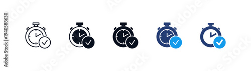 Stopwatch checkmark icon symbol set representing time management, task completion, productivity, efficiency goals, and deadline tracking in outline and glyph styles.