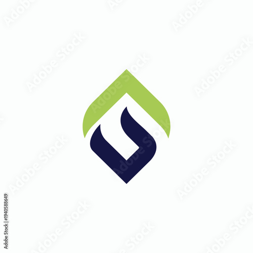 Abstract logo design featuring a green and blue flame shape.