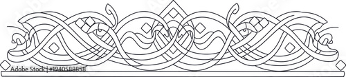 Stylized black and white continuous knotwork border design in ancient art style