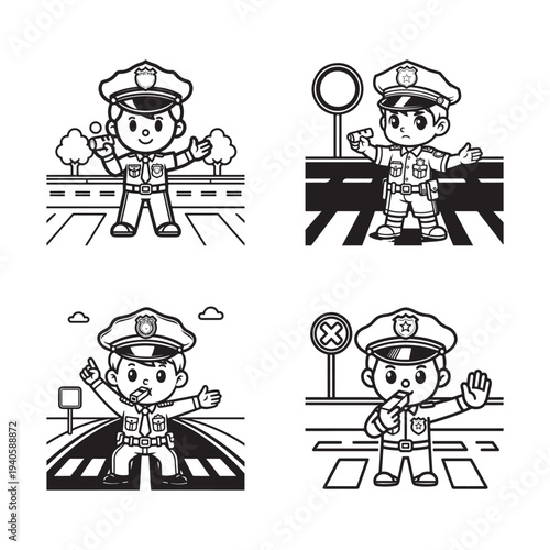 Kid police officer directing traffic using whistle on city road fun kids coloring page