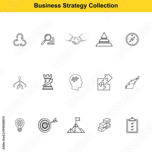 Various black line icons illustrate essential elements of business strategy including teamwork, goal setting, hierarchy, and analytical assessment for corporate planning documents.