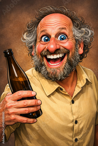röhlicher Mann mit Bierflasche – humorvolles Portrait eines glücklichen Trinkers