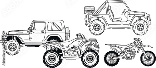 Black and white line art vector illustration of various off-road adventure vehicles