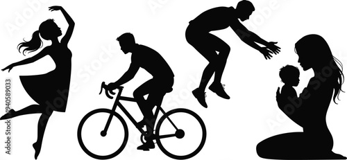 People lifestyle silhouette set including dancer, cyclist, jumping man and mother with baby, everyday life activity illustration
