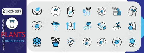 Collection of nature, environment, and eco-friendly plant editable vector icons.