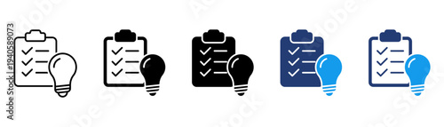 Checklist idea icon set with clipboard and light bulb icon representing creative planning, business ideas, task management, creative solutions and productivity.