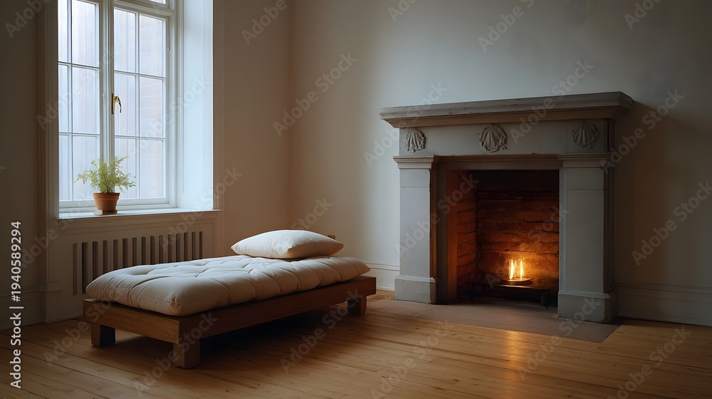 Obraz premium Minimalist room with a daybed and a warm glowing fireplace illuminated by natural light