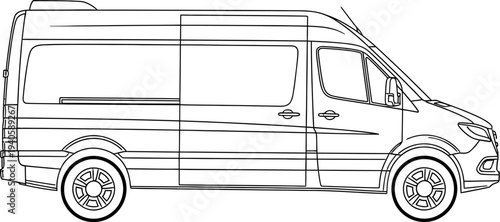 Side view line art illustration of a modern commercial cargo delivery van.