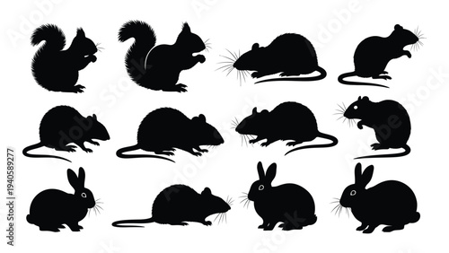 Black silhouettes of various rodents and rabbits