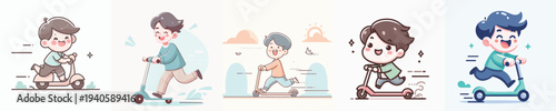 vector of a child riding a scooter