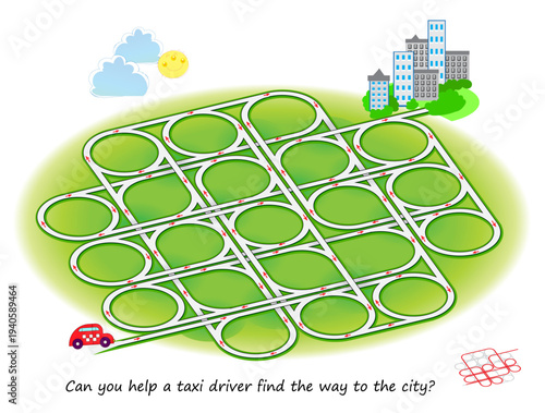 Best labyrinths. Can you help a taxi driver find the way to the city? Logic puzzle game with highways. Brain teaser book. Educational page. Kids activity sheet. Hand drawn vector illustration.
