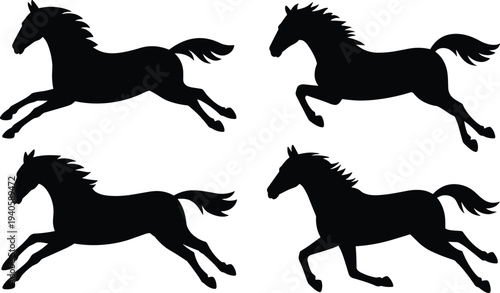 Running horse silhouette set, galloping wild stallion collection isolated on white background animal motion illustration