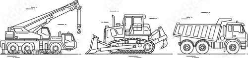 Three detailed outline vector icons of heavy construction vehicles for design.