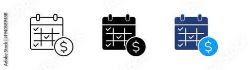 monthly budget icons or Calendar payment icon set showing scheduled billing, finance planning and due date reminders in outline, glyph and colored styles.