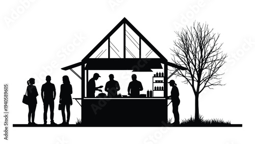 A group of people standing outside a food stand