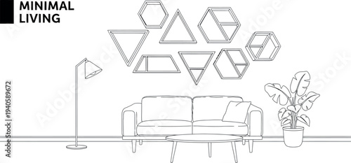 Minimalist line art living room interior design featuring geometric wall shelves