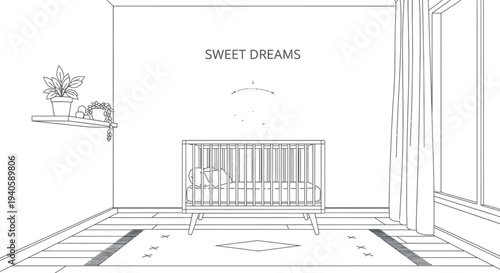 Minimalist black and white nursery line art featuring a crib and sweet dreams sign